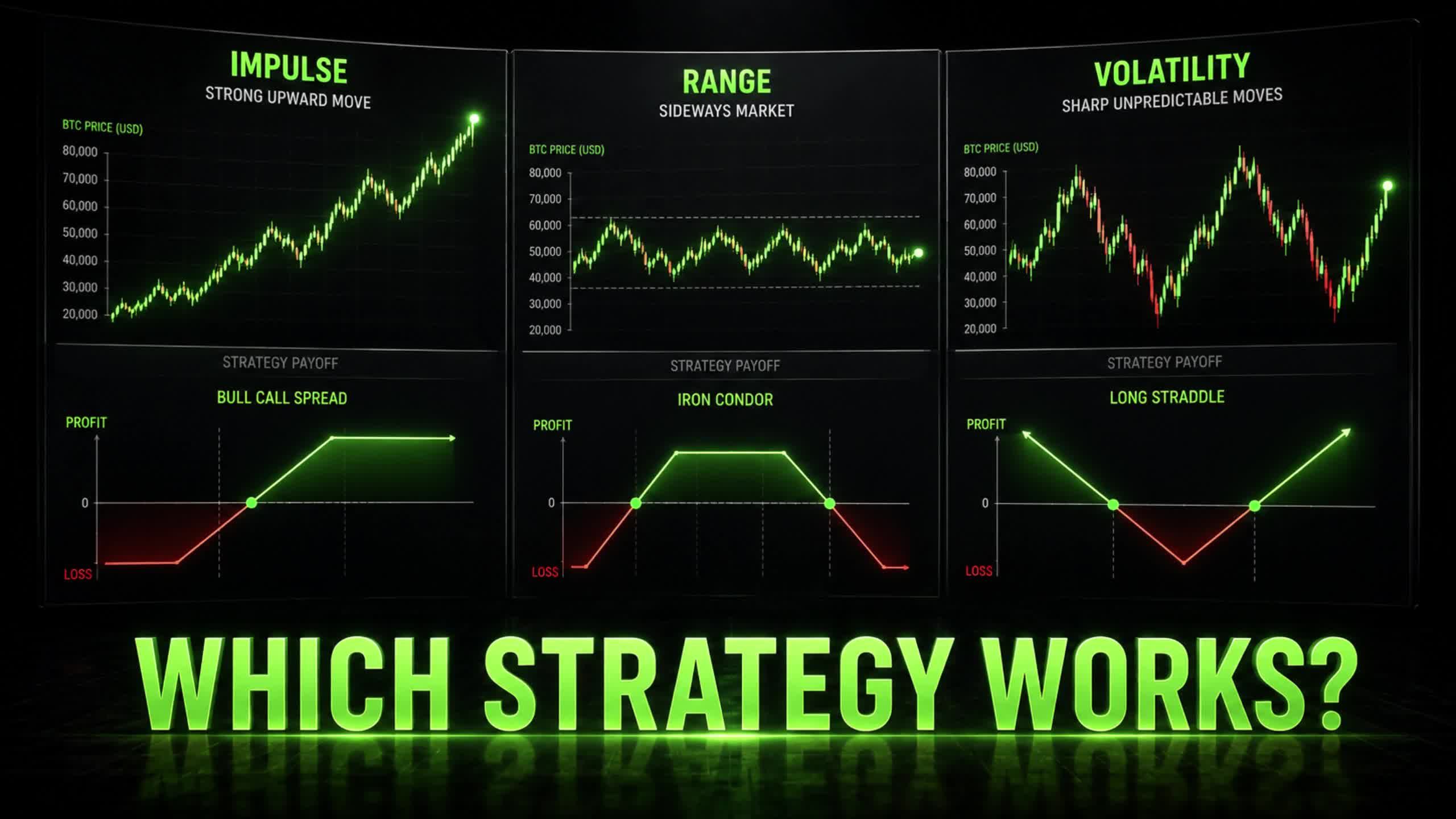 Which strategy works: impulse → Bull Call Spread, range → Iron Condor, volatility → Long Straddle.