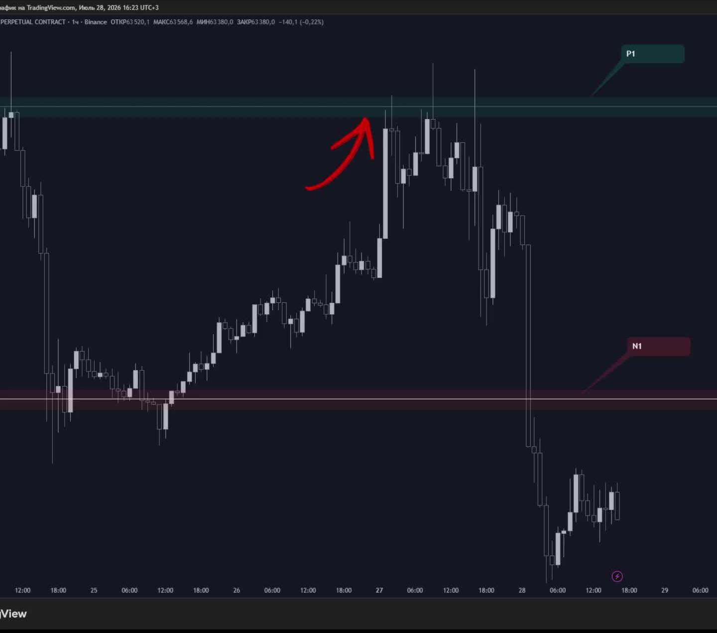 Real options levels P1 (resistance) and N1 (support). Price reached the P1 wall and reversed.